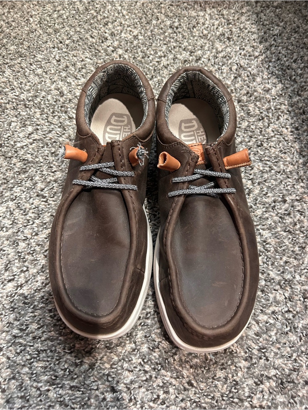 Hey Dude Brown Leather-Style Moccasin Slip-Ons with White Sole